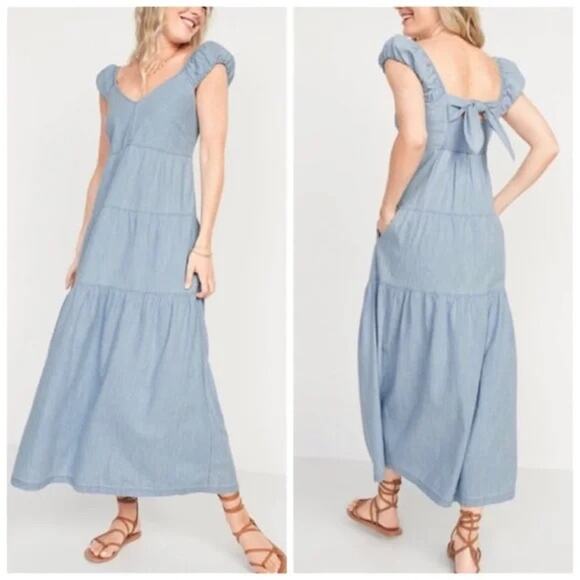 OLD NAVY FIT & FLARE MAXI DRESS COTTON CHAMBRAY TIERED LIGHT WASH BLUE - Picture 1 of 12